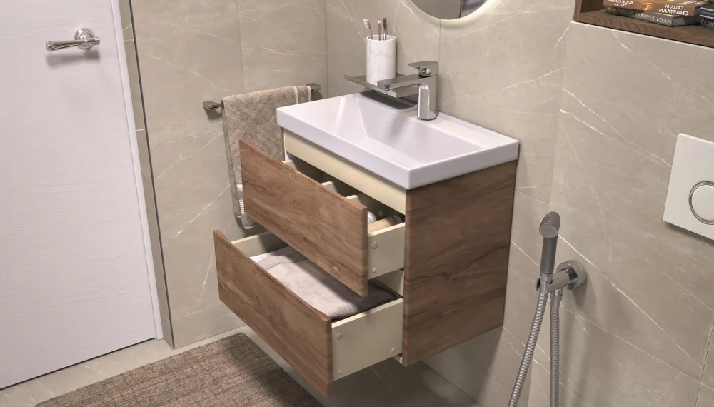 Тумба под раковину Velvex Mondi 600-0-2 (Madera Classica Slim) навесная акация темная (359 акация темная)