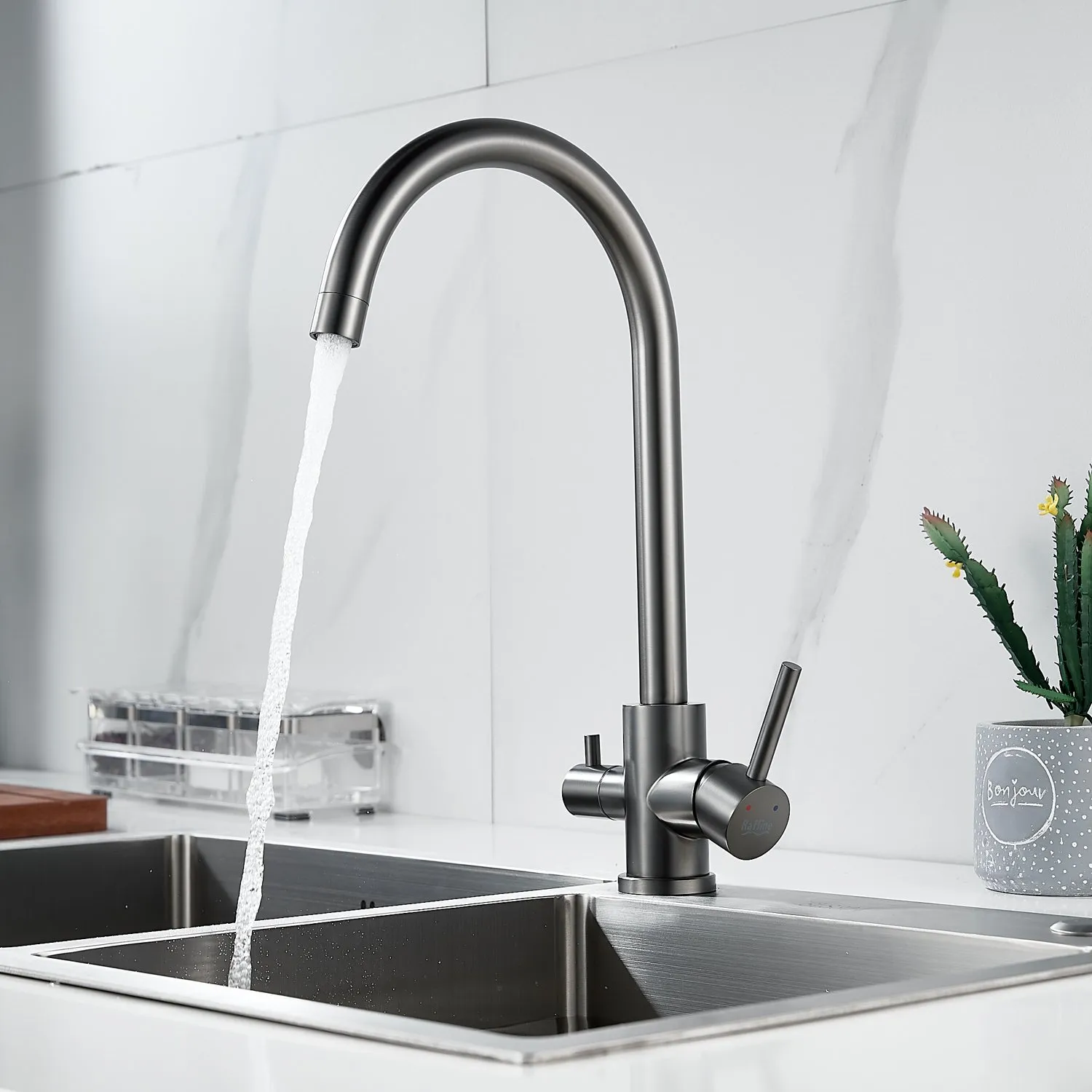 Смеситель для кухни с подключением фильтра воды Raffine F108T, оружейная сталь