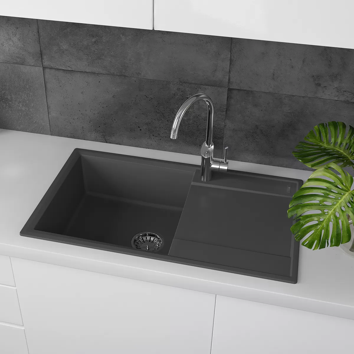 Кухонная мойка Lemark IMANDRA 840 врезная прямоугольная с крылом из кварцгранита цвет: Антрацит  (9910031)