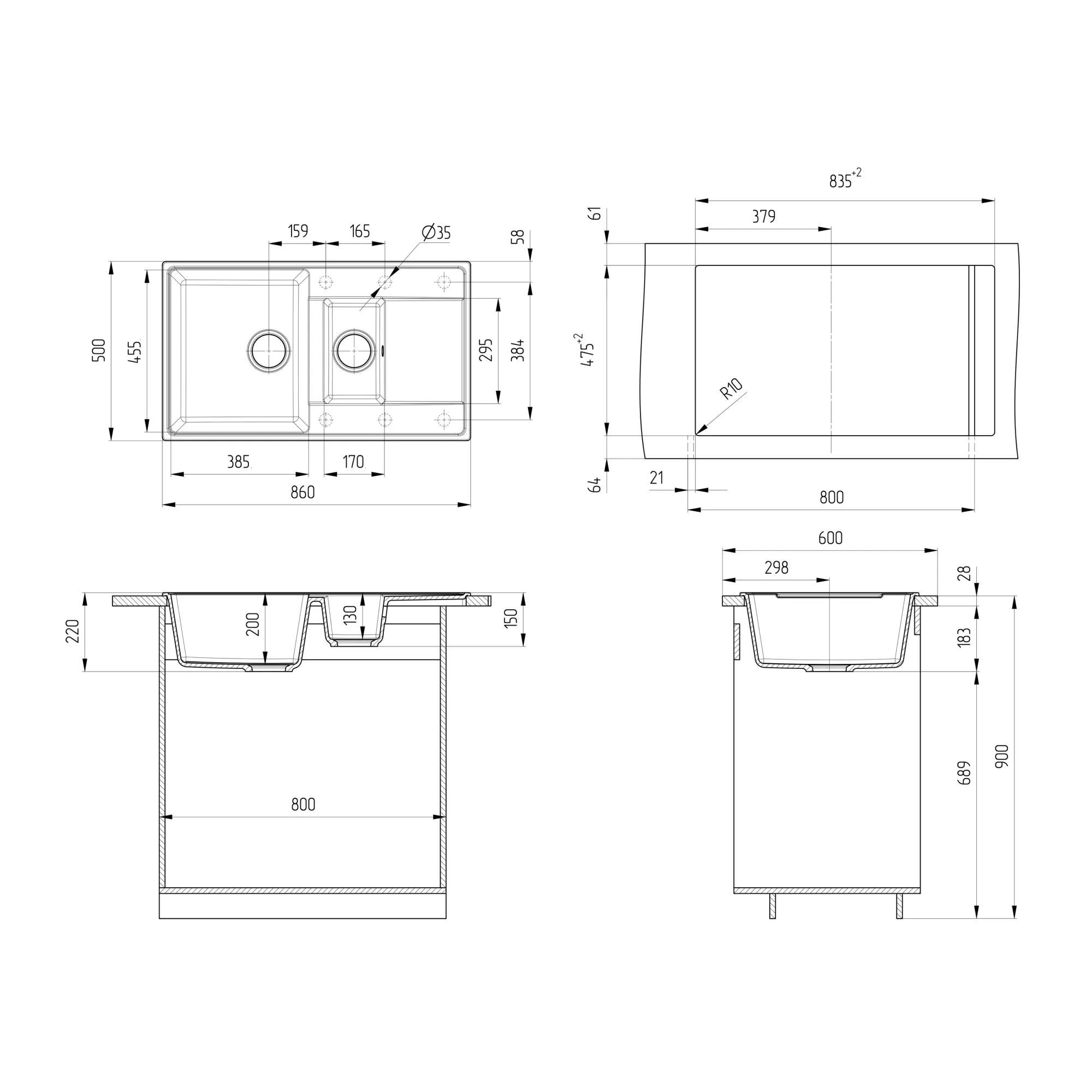 Кухонная мойка Ulgran Quartz Prima 860 1,5K-07, уголь