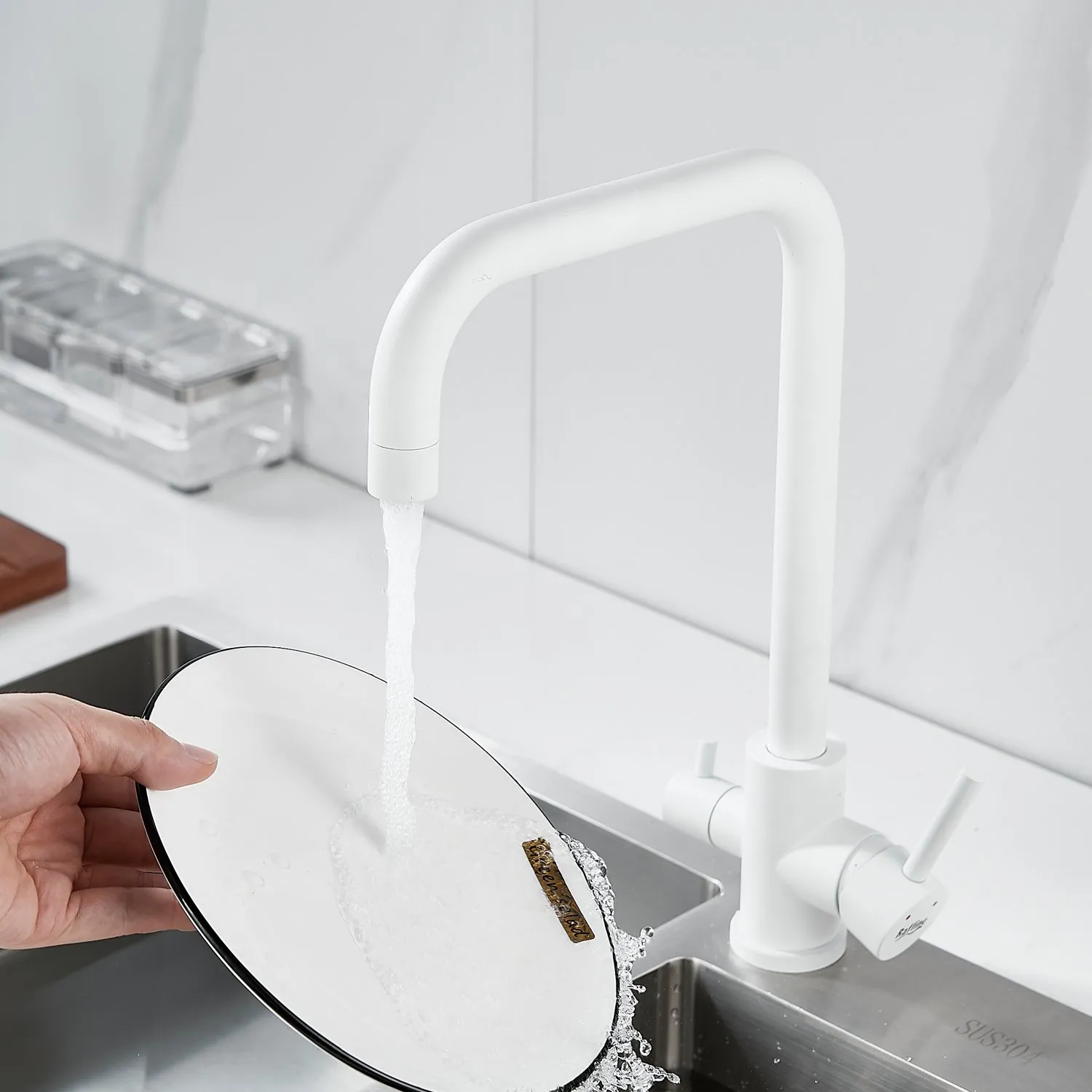 Смеситель для кухни с подключением фильтра воды Raffine F118C, белый