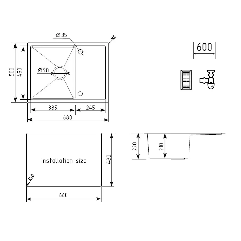 Кухонная мойка Ulgran Steel 680x500, черная брашированная сталь