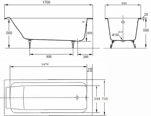 Чугунная ванна Jacob Delafon Parallel 170x70 E2947-S-00 (без противоскользящего покрытия)
