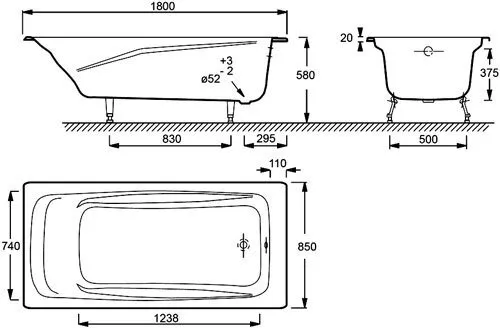 Ванна чугунная Jacob Delafon Repos (180x85 см) без отверстий для ручек, без антискользящего покрытия (E2904-S-00)