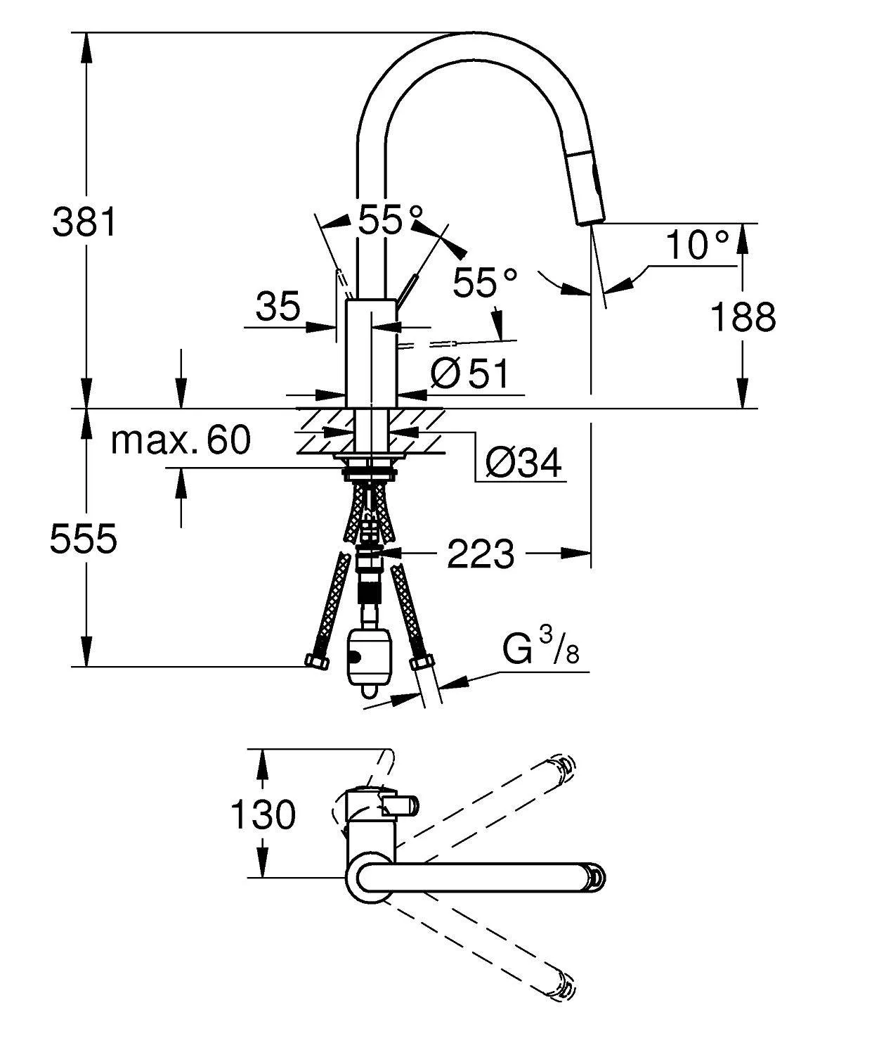 Смеситель для кухни GROHE Eurosmart Cosmopolitan выдвижной излив, хром (арт. 31481001)