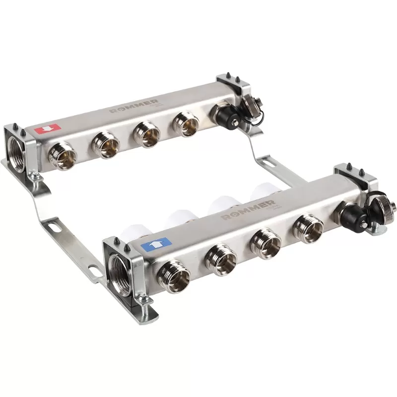 Коллектор Rommer 1"x3/4" на 4 контура с запорными клапанами (нерж. сталь) (RMS-3201-000004)