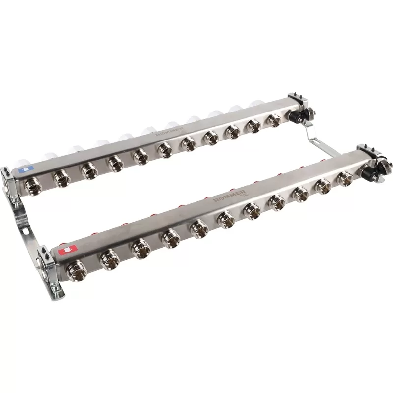 Коллектор Rommer 1"x3/4" на 11 контуров с запорными клапанами (нерж. сталь) (RMS-3201-000011)