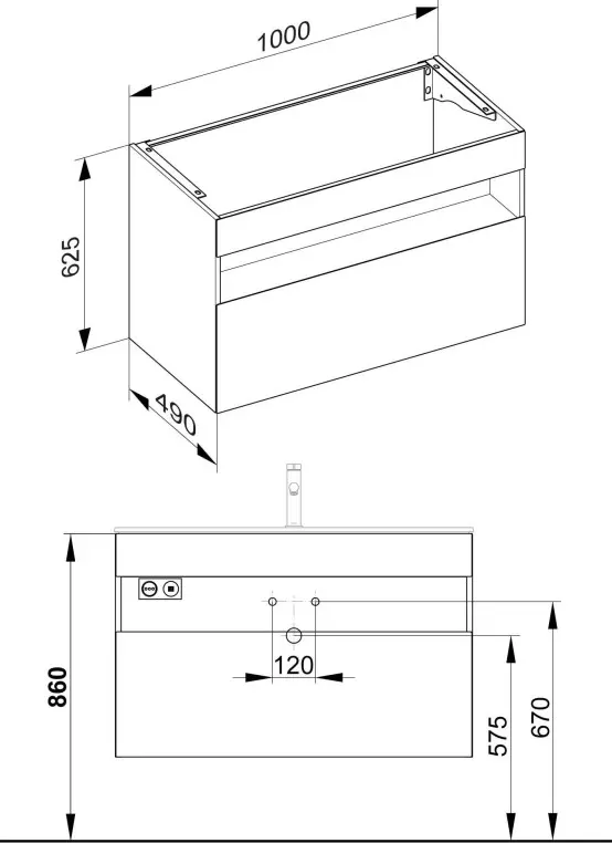 32872290100 STAGELINE Тумба под умывальник 1000x625x490 mm, 1 выдвижной фронтальный ящик, вкл. пластиковый сифон 1 1/4 x 32, Инокс матовый/Инокс матов