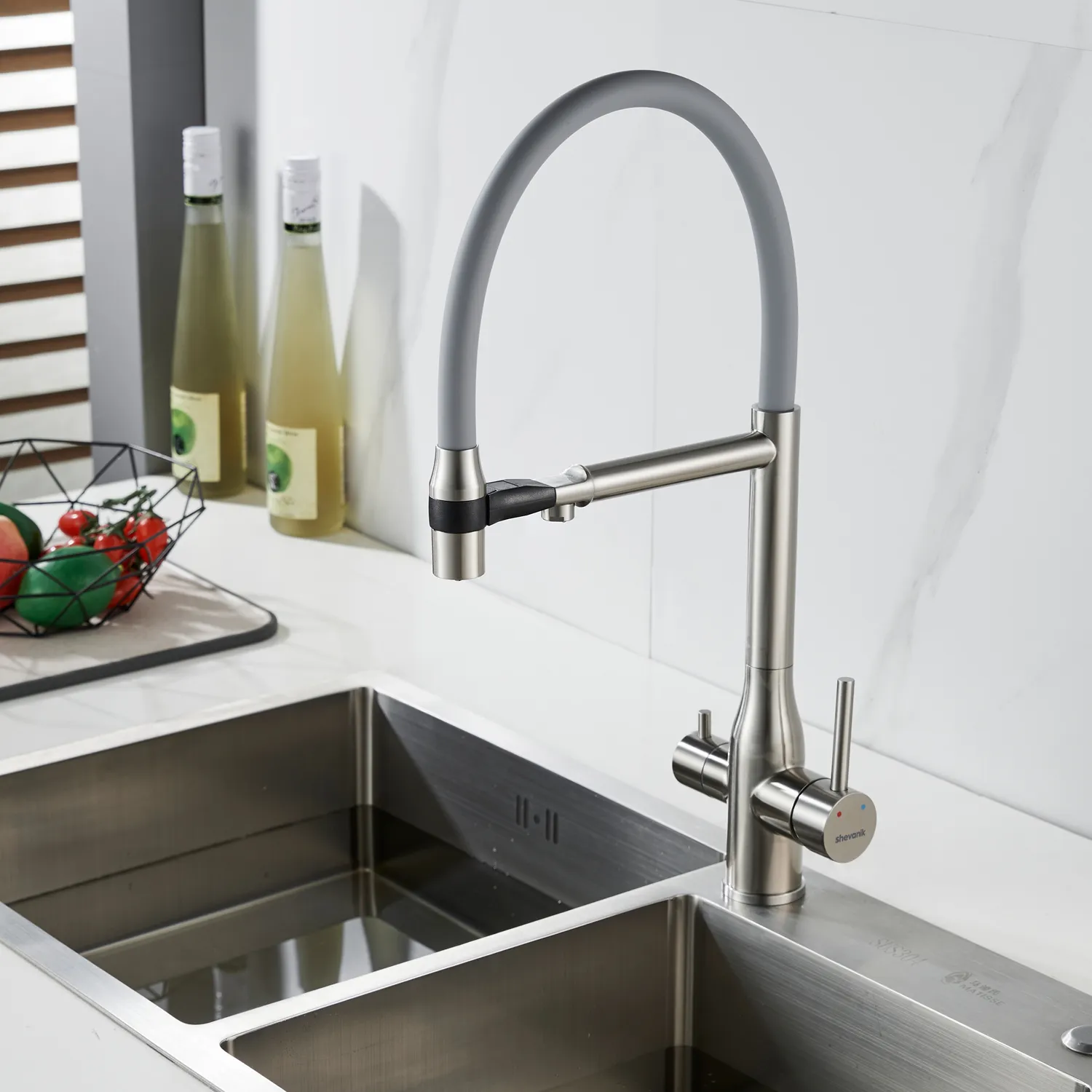 Смеситель для кухни с гибким изливом и подключением фильтра Shevanik S378L, сатин