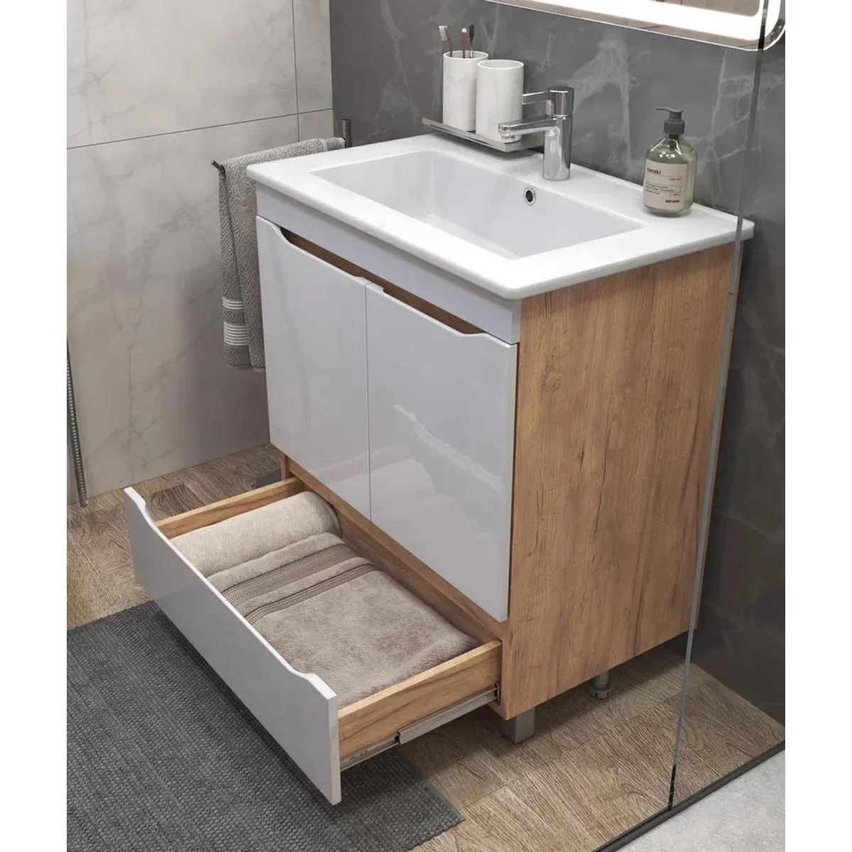 Тумба с раковиной напольная VIGO Grani tn.GRI.OSK.75.2D.1Y дуб золотой, 75 см