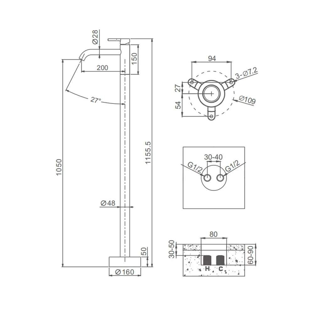 Смеситель для раковины напольный Raglo R20.19.03, золотой сатин