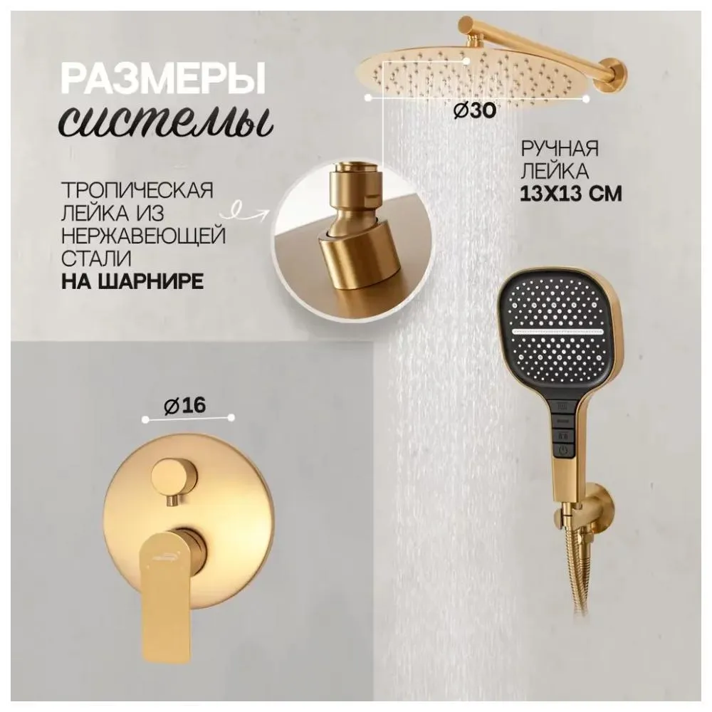Душевая система встраиваемая (без излива) Hansberge H6090MG, матовое золото