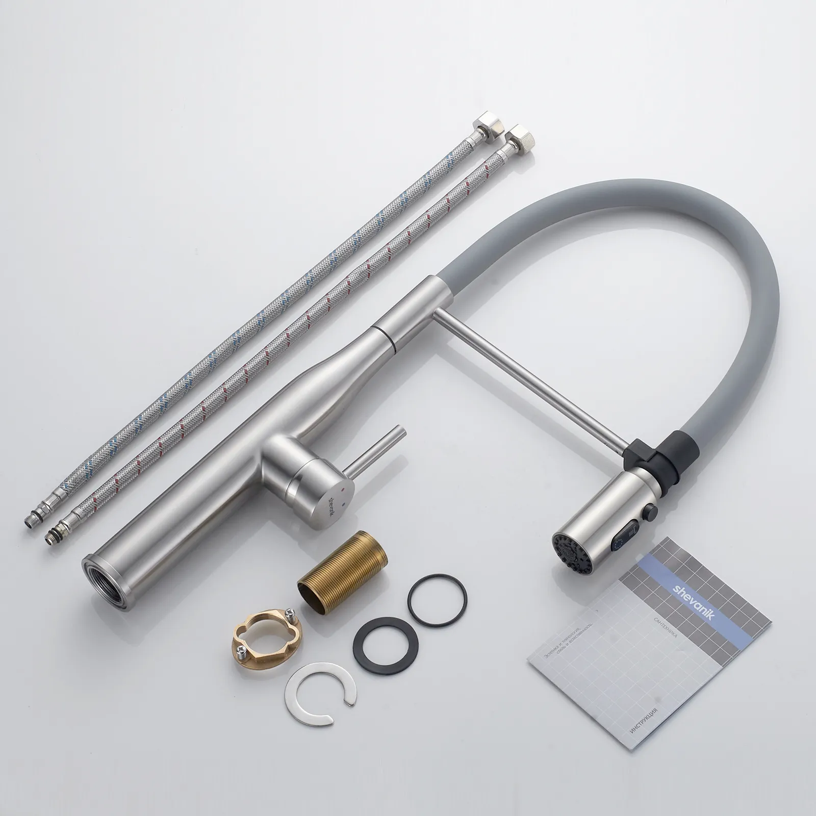 Смеситель для кухни с гибким изливом и режимом "душ" Shevanik S123L-9, сатин