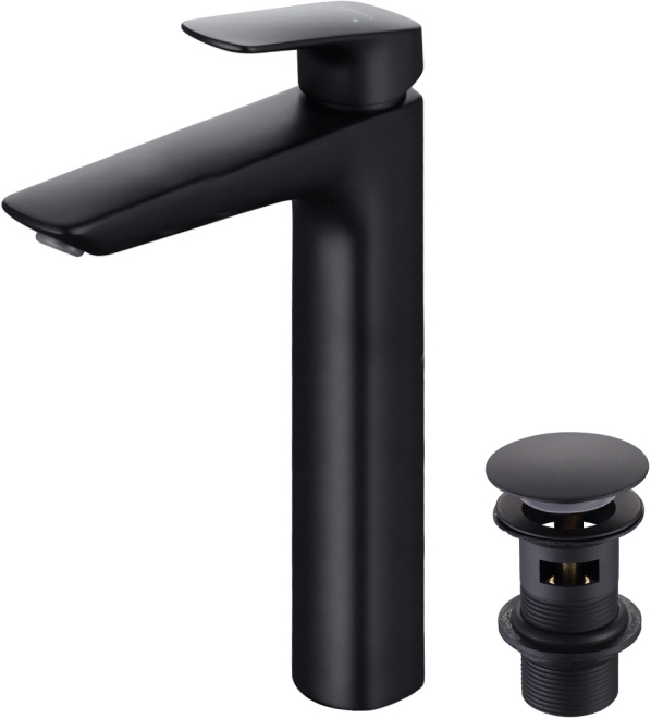 AQ1005MB ВЕГА смеситель для раковины высокий 227 с донным клапаном, матовый черный