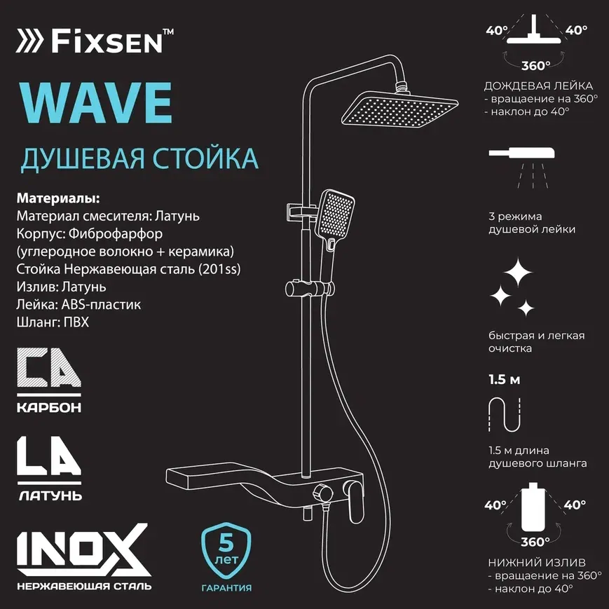 Душевая система Fixsen WAVE FX-9400B, черная+золото