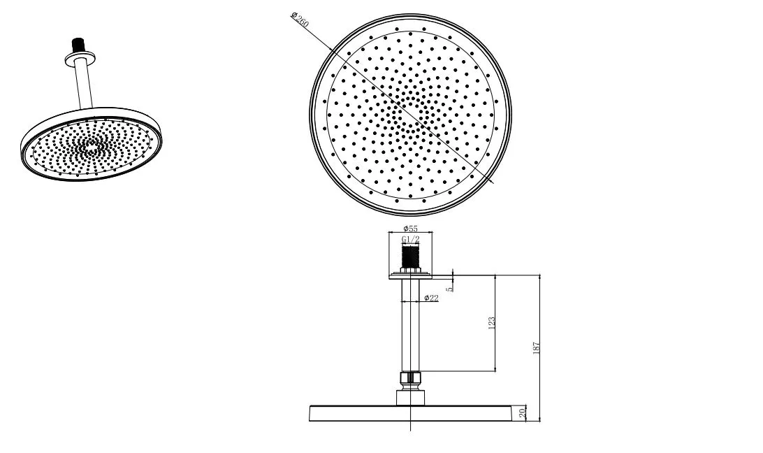 Верхний душ потолочный AQUATEK AQ2070MB, 260мм, матовый черный