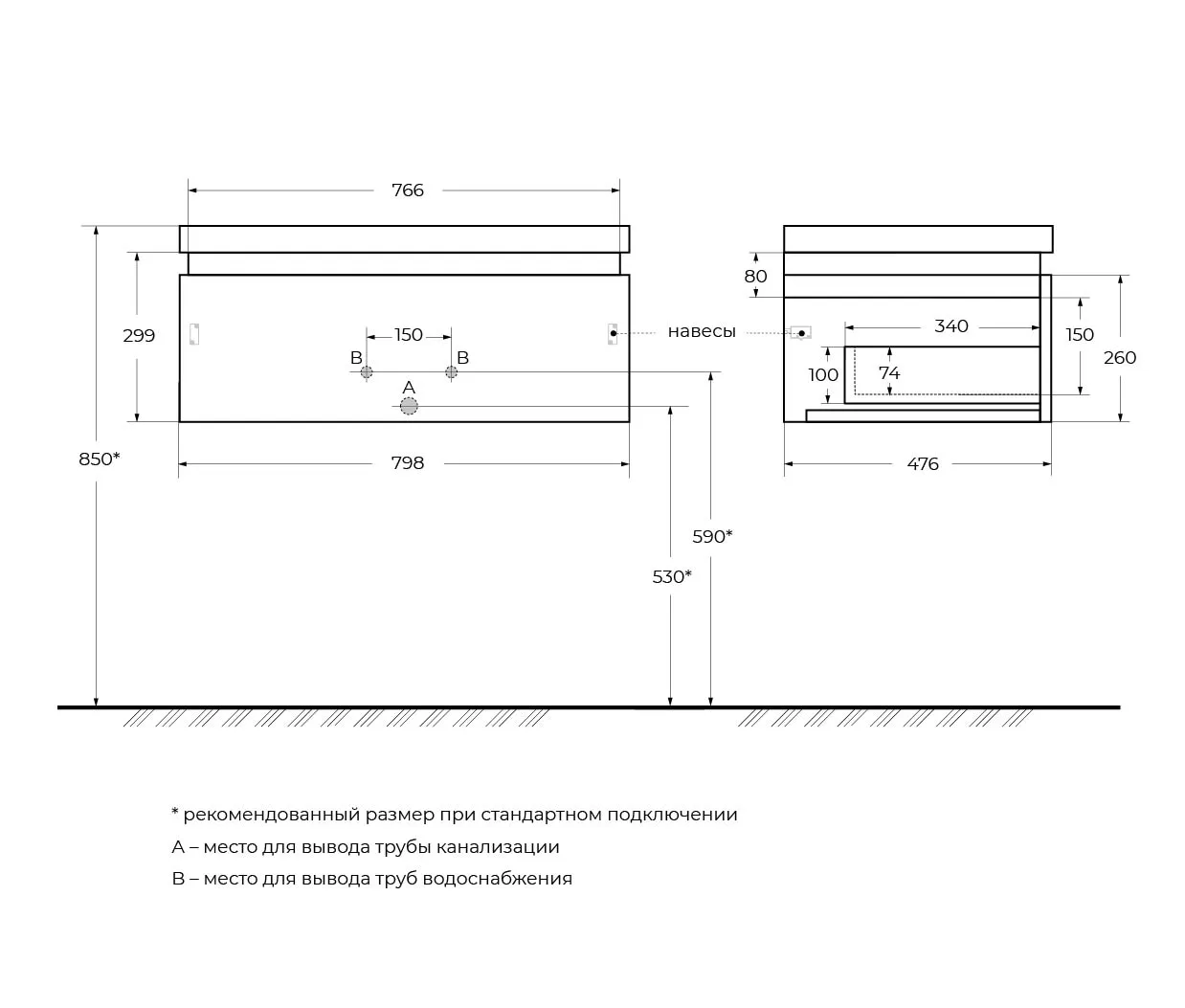 База под раковину подвесная Cezares Slider 766х476х299, Bianco Opaco (SLIDER-800-1C-SO-BO)