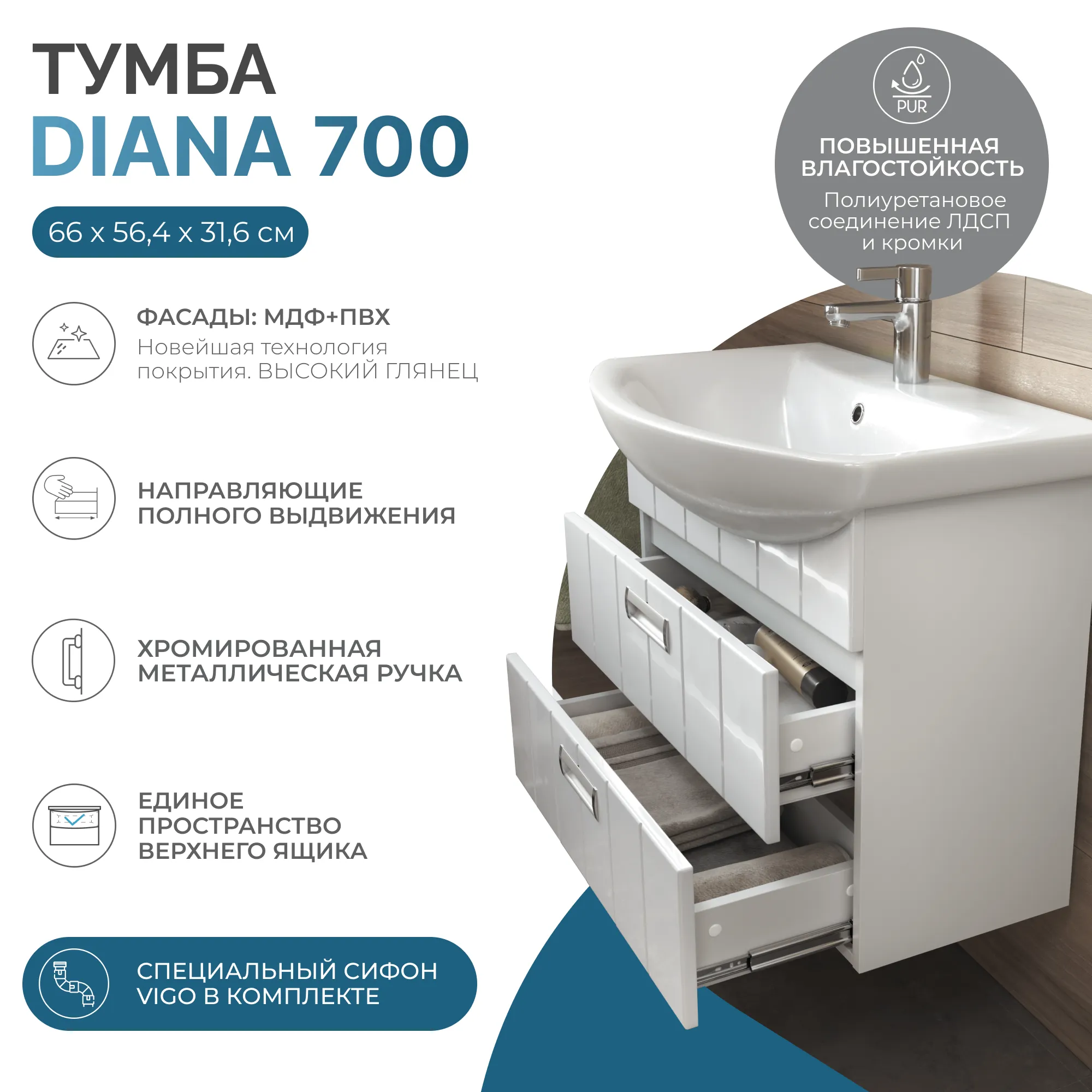 Тумба VIGO под раковину Diana 700-0-2 (Балтика)  навесная (tp.DIA.BAL.70.2Y)