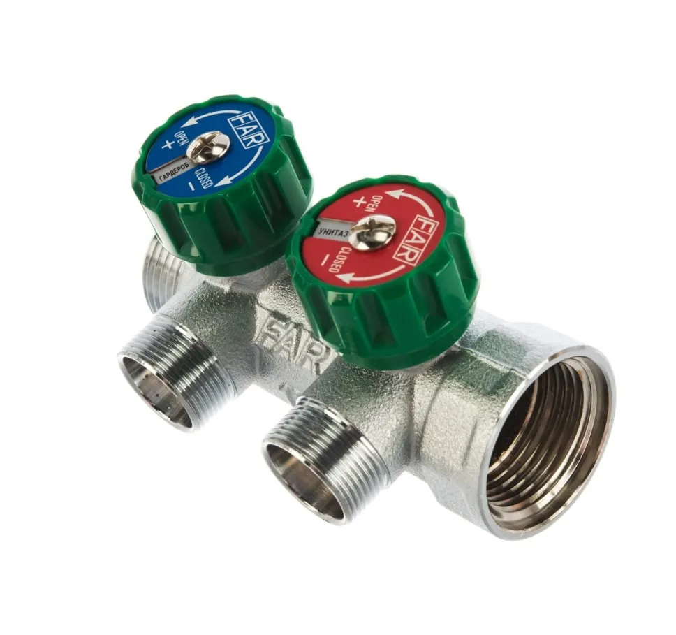 Коллектор регулирующий FAR 3/4"х1/2"EU (ВР-НР) на 2 отвода, с вставкой под плоское уплотнение (FK 3821 3412UN)