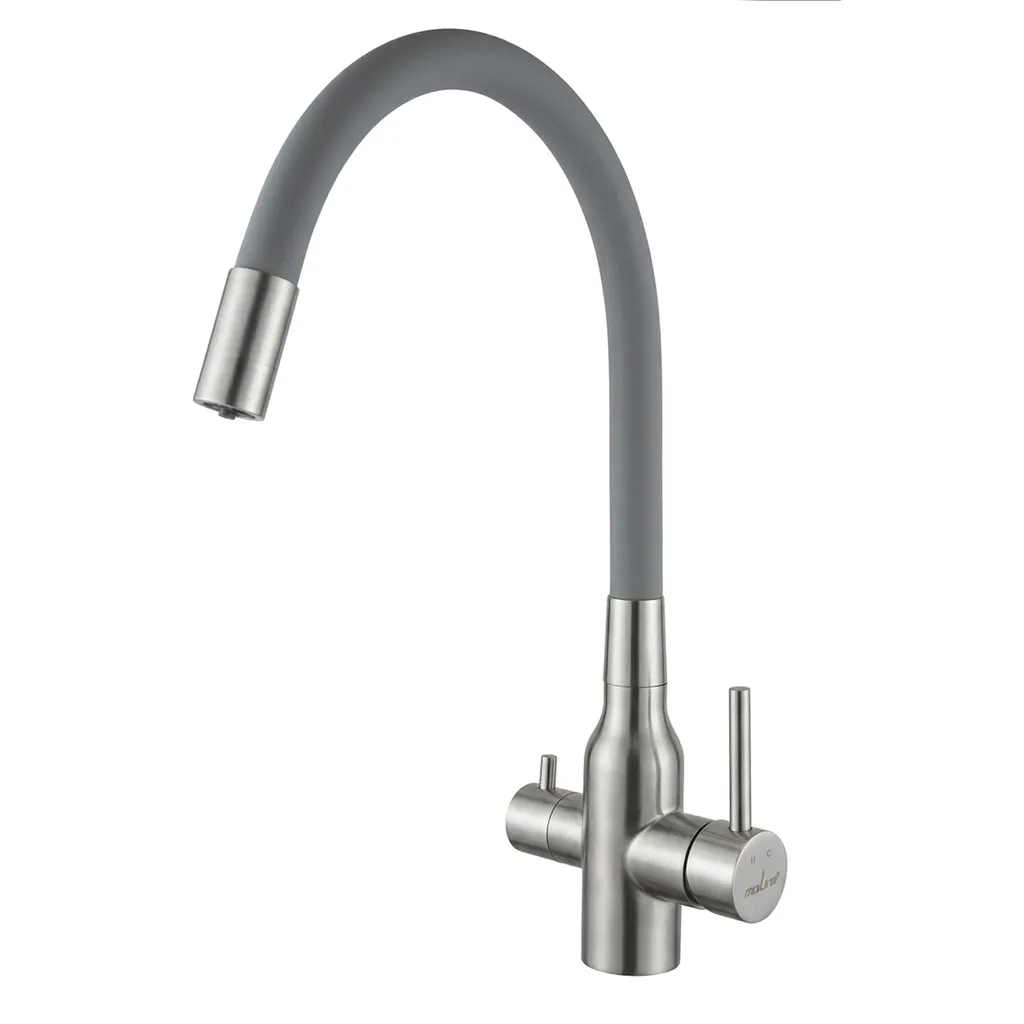 Смеситель для кухни 35k MIXLINE МЛНС-0403 (MLSS-0403) серый гиб.излив,подкл.к фильтру, п/гайку САТИН (558431)