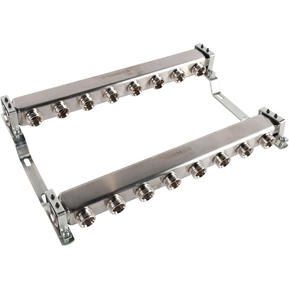 Коллектор Rommer 1"x3/4" на 8 контуров для радиаторной разводки (нерж. сталь) (RMS-4401-000008)
