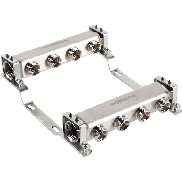 Коллектор Rommer 1"x3/4" на 4 контура для радиаторной разводки (нерж. сталь) (RMS-4401-000004)
