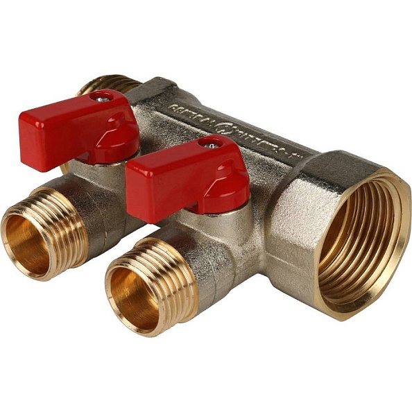 Коллектор с шаровыми кранами STOUT 1" , 2 отвода 1/2 (красные ручки) (SMB 6200 011202)