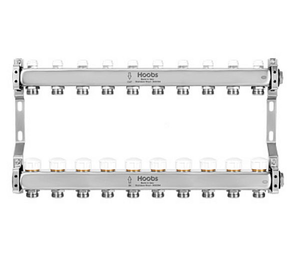 Коллектор Hoobs 1"х3/4" 11 выходов, нерж. сталь, с терморегулирующими клапанами, с расходомерами и кронштейнами