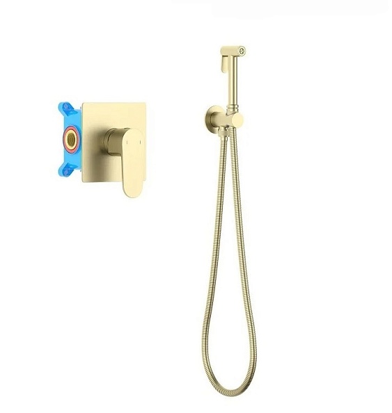 AQ1219BG ОБЕРОН набор с гигиеническим душем (смеситель + гигиеническая лейка + шланг + шланговое подсоединение с держателем), шлиф. золото