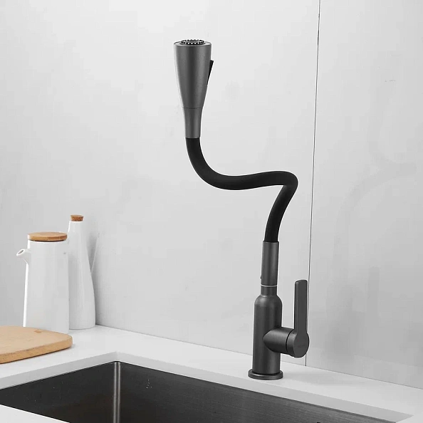 Смеситель для кухни с гибким изливом Shevanik S843T-3, оружейная сталь/черный