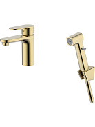 AQ1812BG НИКА смеситель для раковины 90 без донного клапана с гигиеническим ручным душем, шлиф.золото