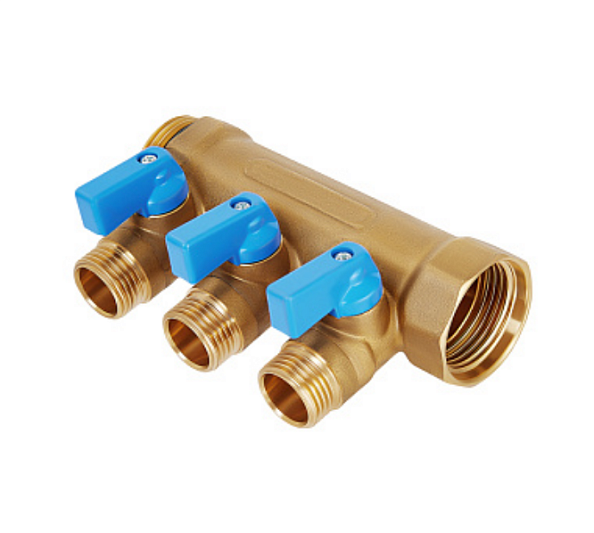 Коллектор с шаровыми кранами кранами, латунь, 3/4"х3х1/2"EK, синяя ручка