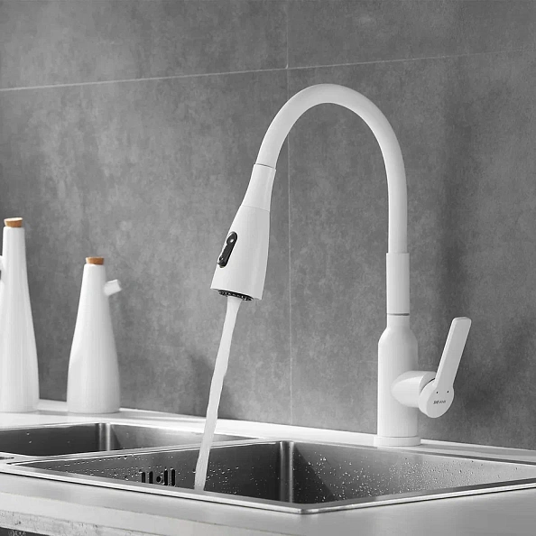 Смеситель для кухни с гибким изливом Shevanik S843C-1, белый