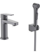AQ1712BGM ЛУГАНО смеситель для раковины 106 с гигиеническим ручным душем, оружейная сталь