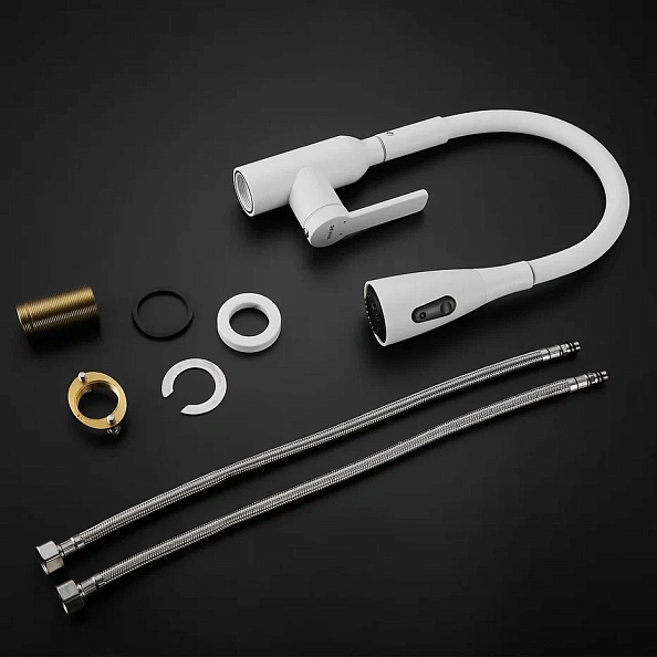 Смеситель для кухни с гибким изливом Shevanik S843C-1, белый