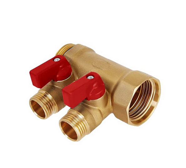 Коллектор с шаровыми кранами кранами, латунь, 3/4"х2х1/2"EK, красная ручка