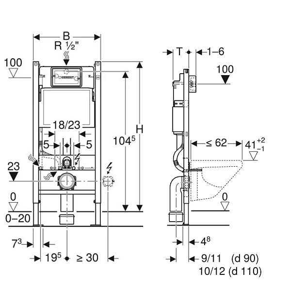 Комплект инсталляция и унитаз подвесной стандартные Geberit Delta Dama Senso, белый (458.149.21.R1)