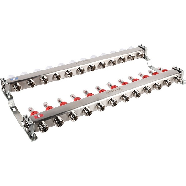 Коллектор Rommer 1"x3/4" на 12 контуров с расходомерами (нерж. сталь) (RMS-1200-000012)