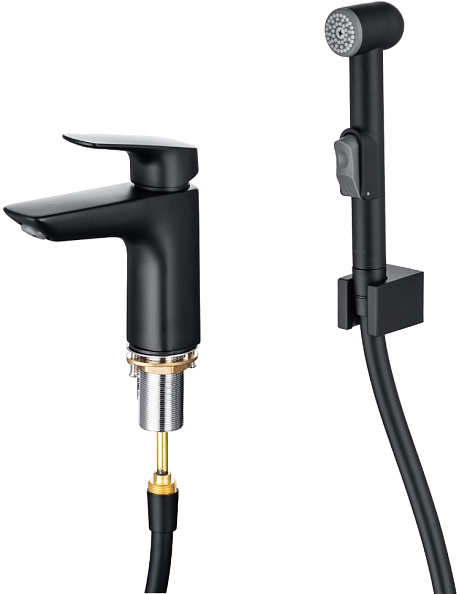 Смеситель для раковины AQ1012MB AQUATEK ВЕГА 97 с гигиеническим ручным душем, матовый черный