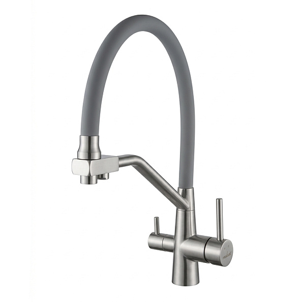 Смеситель для кухни 35k MIXLINE МЛНС-0404 (MLSS-0404) серый гиб.излив,подкл.к фильтру, п/гайку САТИН (558433)