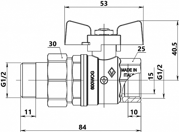 Кран шаровый Bugatti Oregon 322 Н/В (Ду=15 мм) 1/2" с накидной гайкой (03220027)