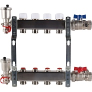 Коллектор Rommer 1"x3/4" на 4 контура с запорными клапанами в сборе (нерж. сталь) (RMS-3210-000004)