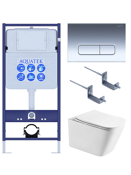 Комплект унитаз с инсталляцией, кнопкой и сиденьем микролифт SET AQUATEK ЛИБРА T-016 4в1 безободковый