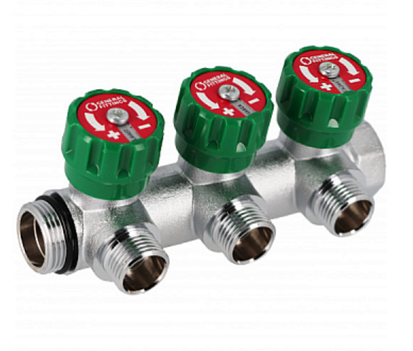 Коллектор латунный хром. с вентилями 3/4" x 3/4"EK   3 вых, зеленая ручка