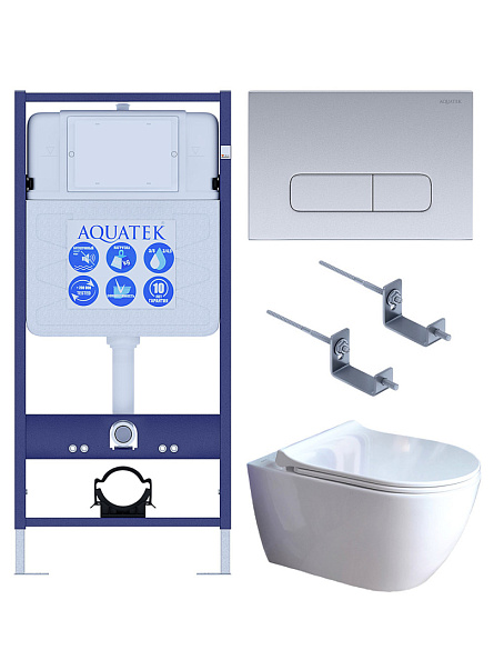 Комплект унитаз с инсталляцией, кнопкой и сиденьем микролифт Aquatek Поларис SET AQUATEK ПОЛАРИС-01-014 4в1 безободковый