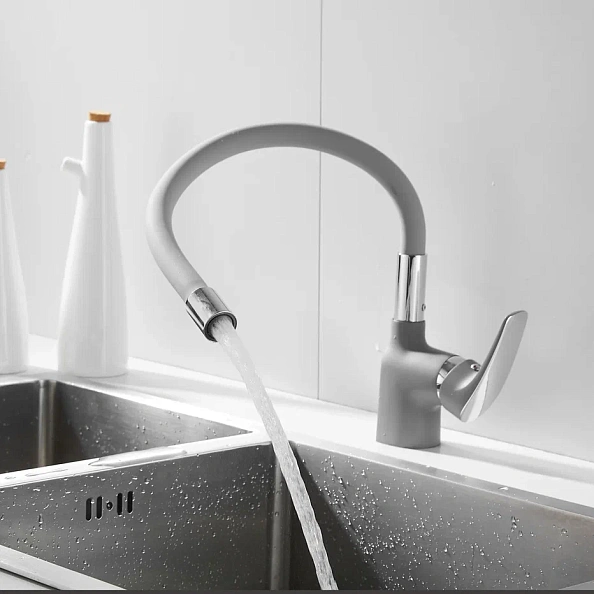 Смеситель для кухни с гибким изливом Shevanik S443-9, серый