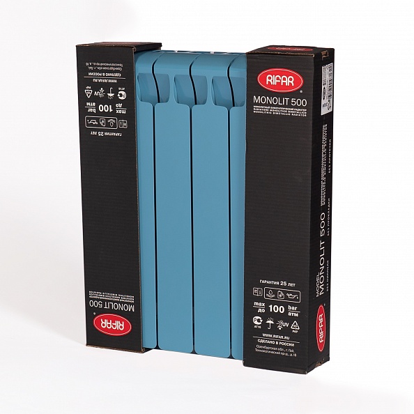 Биметаллический радиатор Rifar Monolit 500, 6 секций Сапфир, боковое подключение