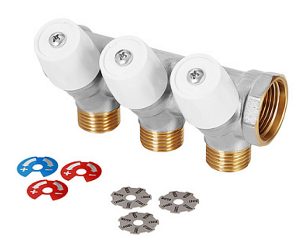 Коллектор с вентилями, латунь никель, 3/4"х3х1/2"EK, белая ручка