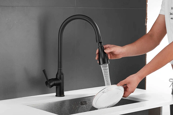 Смеситель для кухни с выдвижным изливом Shevanik S163H, черный