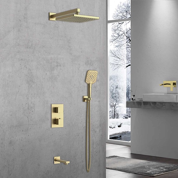 Душевой комплект Vincea Next VSFW-1N3TBG термостатический встраиваемый, трехрежимный, брашированное золото